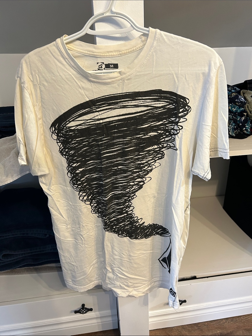 Volcom White Short-Sleeve Tee with Black Tornado Graphic